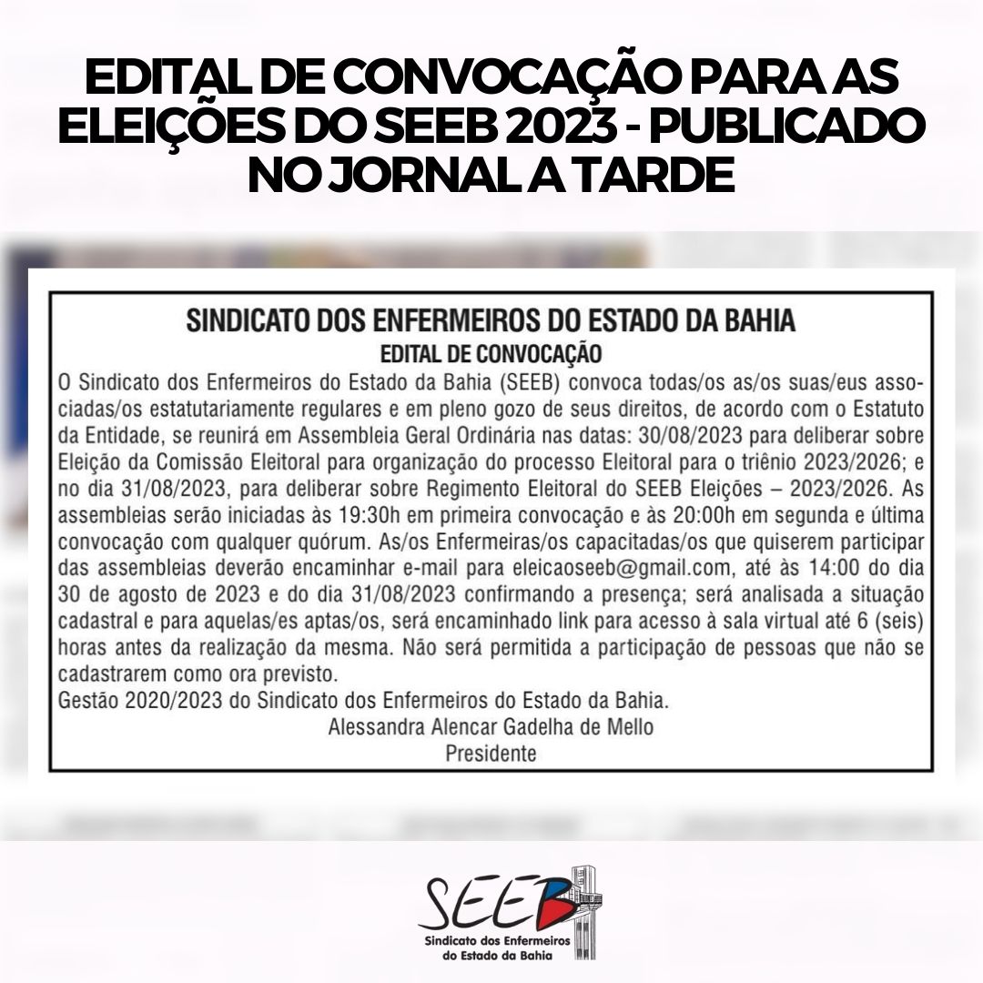 Edital de convocação para as Eleições do SEEB 2023 – publicado no Jornal A Tarde